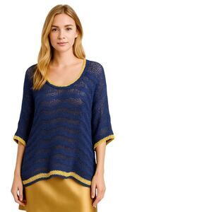 Yigal Azrouel cut25 💯 Cotton Oversized Crochet Blue and Yellow Knit Top L
